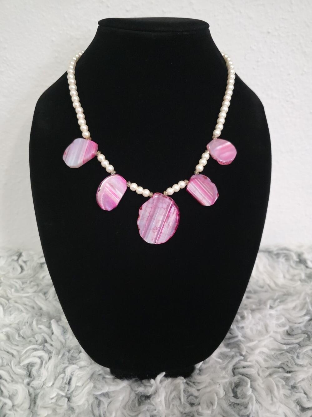 Statement Necklace With Pink Dyed Agate Slice Pendants On White Faux Pearls